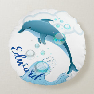 Happy Jumping Dolphin with Bubbles Round Pillow