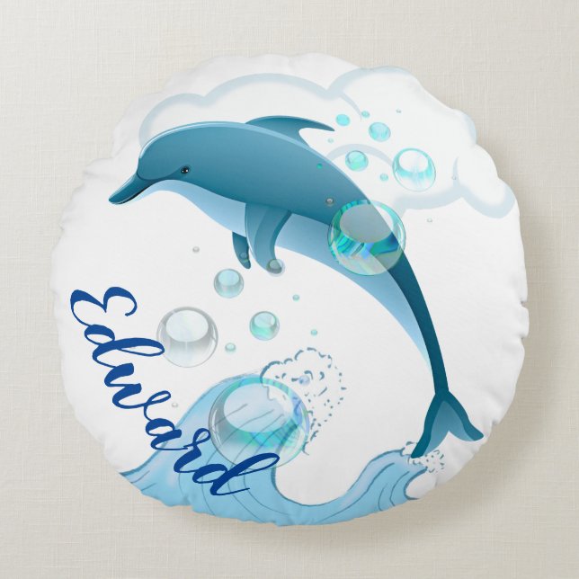 Happy Jumping Dolphin with Bubbles Round Pillow (Front)