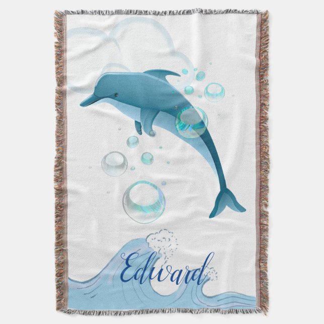 Happy Jumping Dolphin with Bubbles Throw Blanket (Front Vertical)