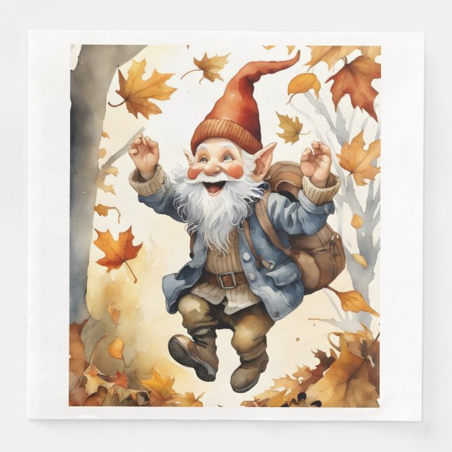 Happy Jumping Gnome in Fall Leaves Napkin (Front)