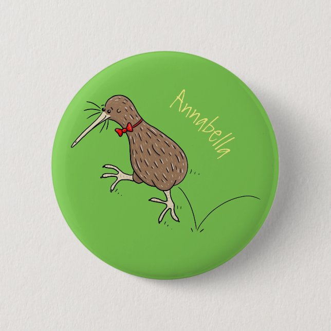 Happy jumping kiwi with bow tie cartoon design 2 inch round button (Front)