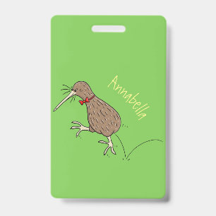 Happy jumping kiwi with bow tie cartoon design badge