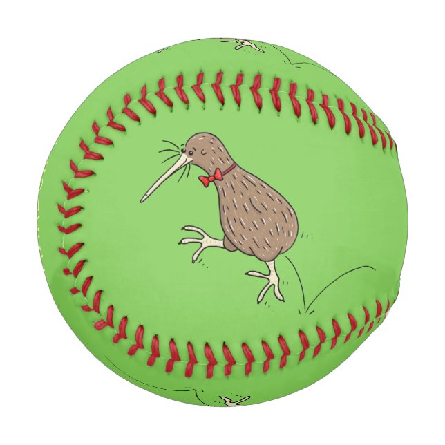 Happy jumping kiwi with bow tie cartoon design baseball (Front Left)