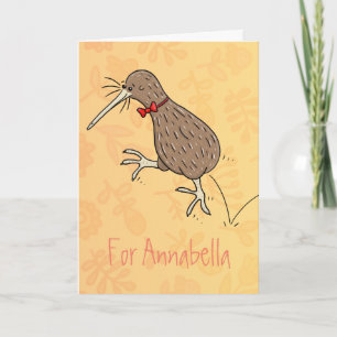 Happy jumping kiwi with bow tie cartoon design card