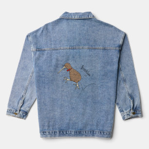 Happy jumping kiwi with bow tie cartoon design denim jacket