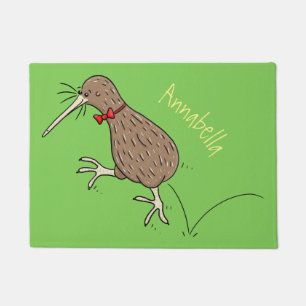 Happy jumping kiwi with bow tie cartoon design doormat