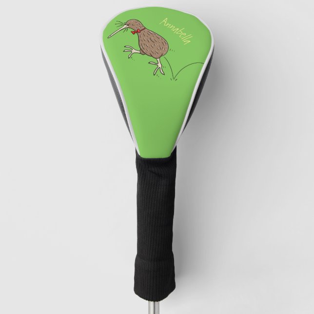 Happy jumping kiwi with bow tie cartoon design golf head cover (Front)