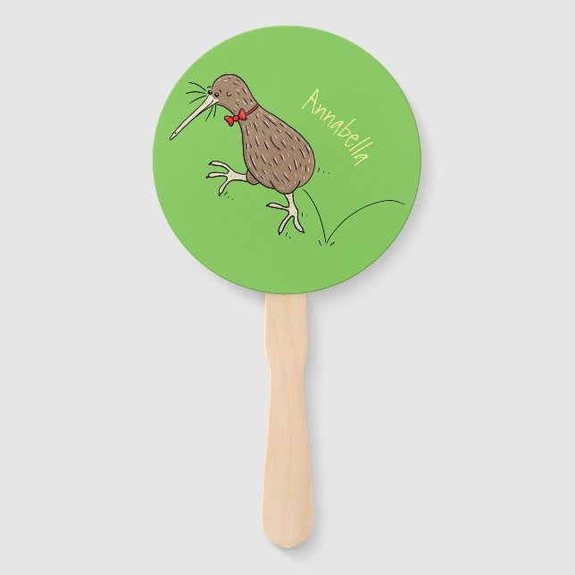 Happy jumping kiwi with bow tie cartoon design hand fan (Front)