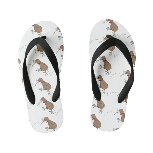 Happy jumping kiwi with bow tie cartoon design kid's flip flops (Footbed)