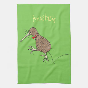 Happy jumping kiwi with bow tie cartoon design kitchen towel
