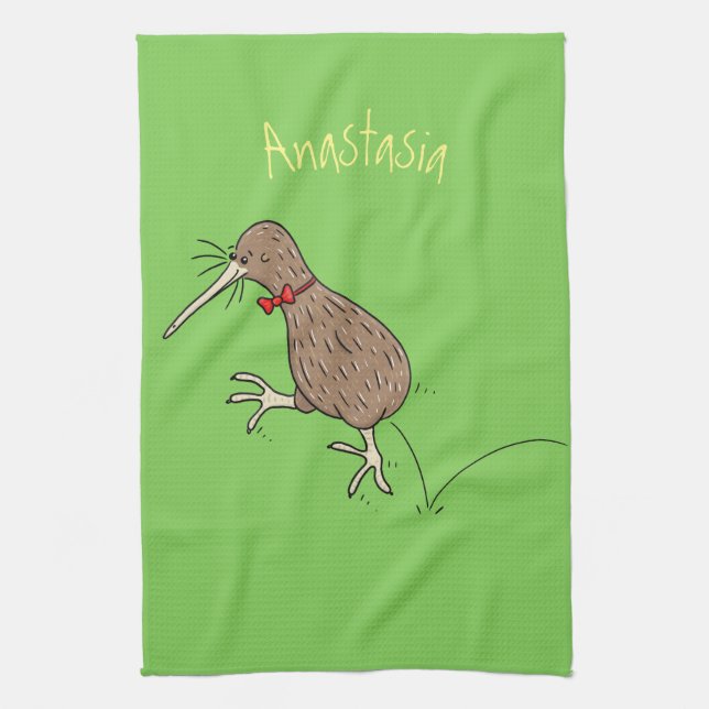 Happy jumping kiwi with bow tie cartoon design kitchen towel (Vertical)