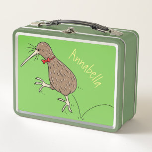 Happy jumping kiwi with bow tie cartoon design metal lunch box