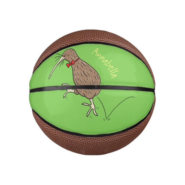 Happy jumping kiwi with bow tie cartoon design mini basketball (Front)