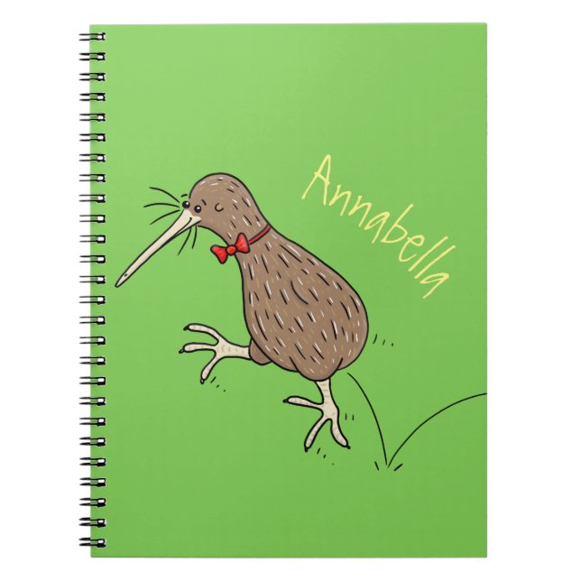 Happy jumping kiwi with bow tie cartoon design notebook (Front)
