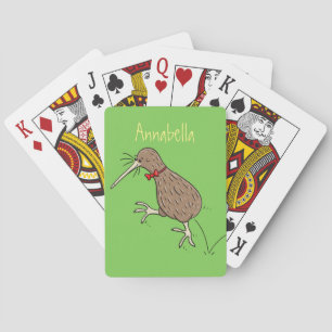 Happy jumping kiwi with bow tie cartoon design playing cards