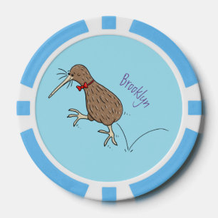 Happy jumping kiwi with bow tie cartoon design poker chips