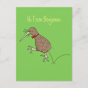 Happy jumping kiwi with bow tie cartoon design postcard