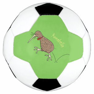Happy jumping kiwi with bow tie cartoon design soccer ball