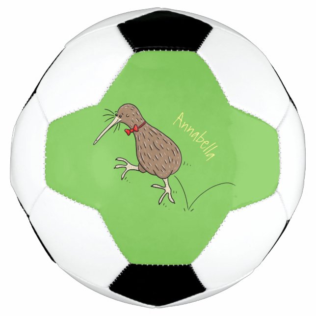 Happy jumping kiwi with bow tie cartoon design soccer ball (Front)