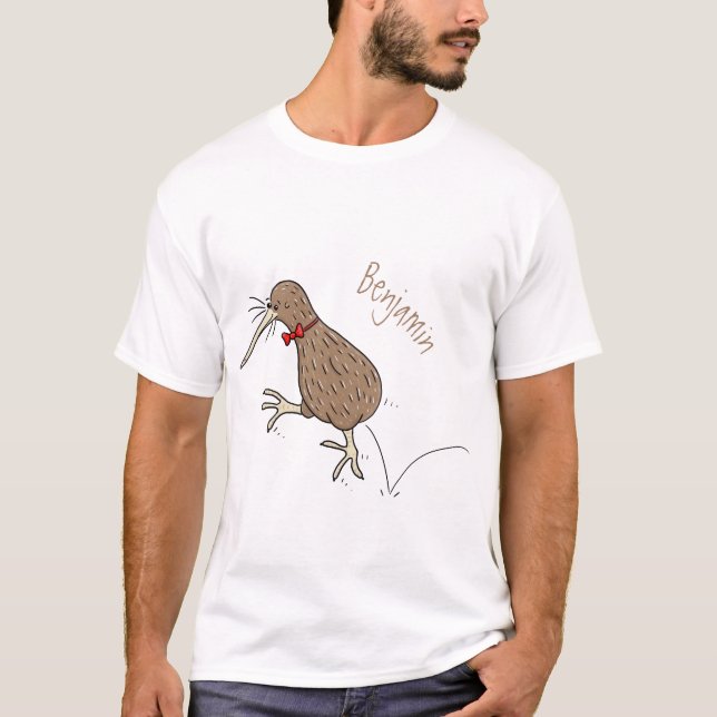 Happy jumping kiwi with bow tie cartoon design T-Shirt (Front)