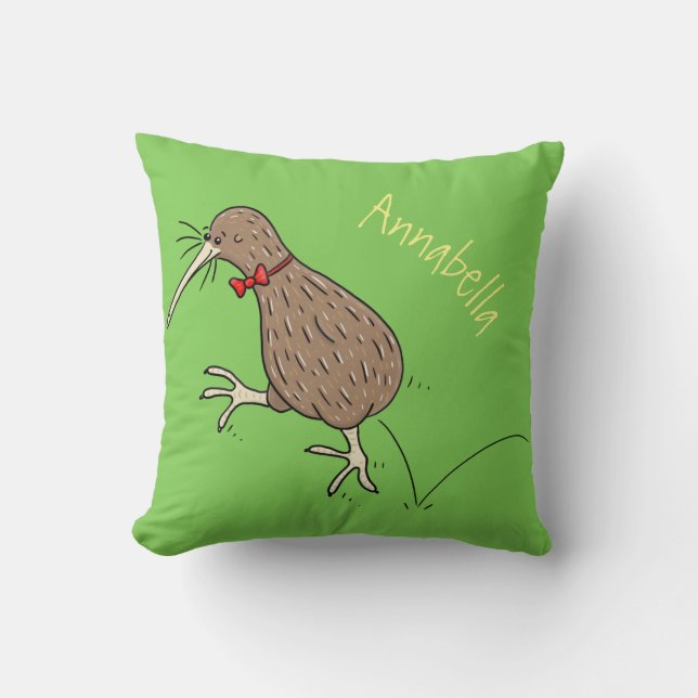 Happy jumping kiwi with bow tie cartoon design throw pillow (Front)