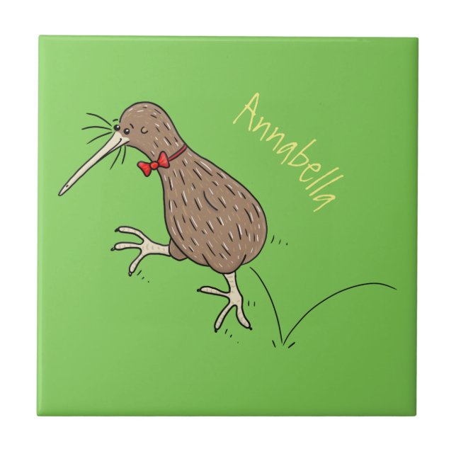 Happy jumping kiwi with bow tie cartoon design tile (Front)