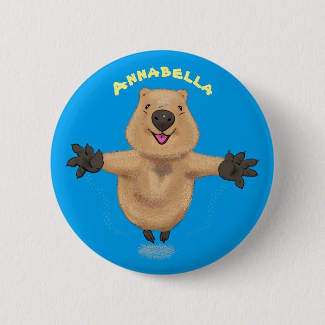Happy jumping quokka cartoon design 2 inch round button (Front)