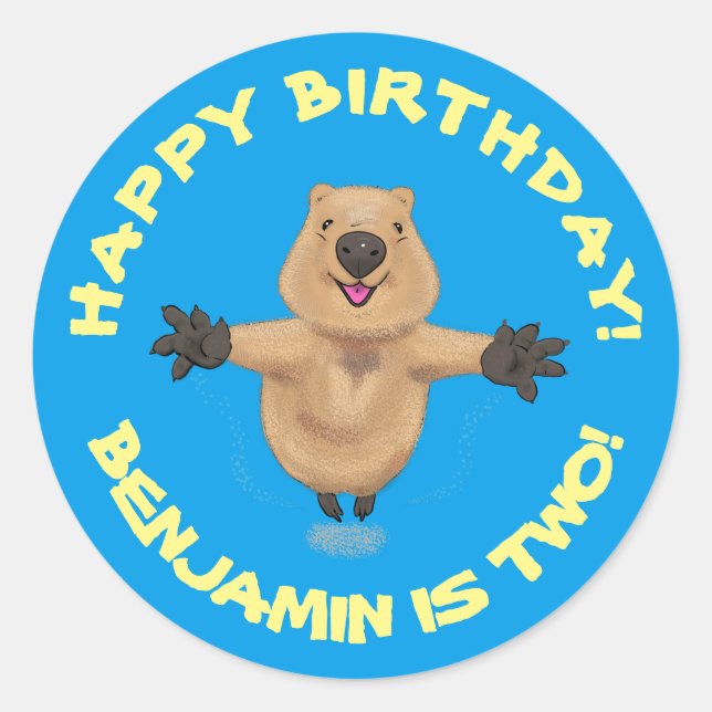 Happy jumping quokka personalized cartoon birthday classic round sticker (Front)