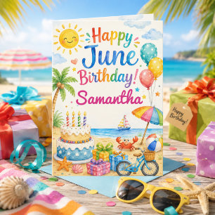 Happy June Birthday Card for Girls Beach Summer 
