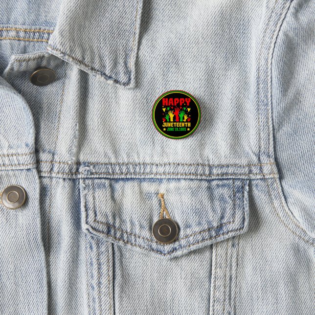 Happy Juneteenth Black Red Green Yellow Hands    B 1 Inch Round Button (In Situ)