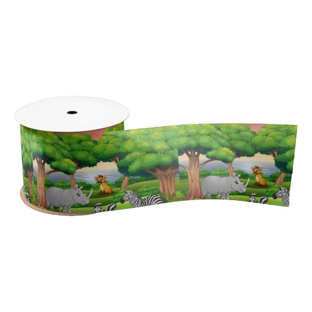 Happy Jungle Animals in a Landscape   Satin Ribbon (Spool)