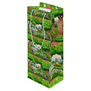 Happy Jungle Animals in a Landscape  Wine Gift Bag