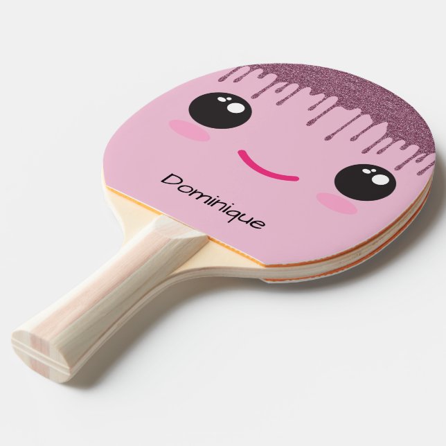 Happy Kawaii Face Faux Glitter Customizable Name  Ping Pong Paddle (Front Angle)
