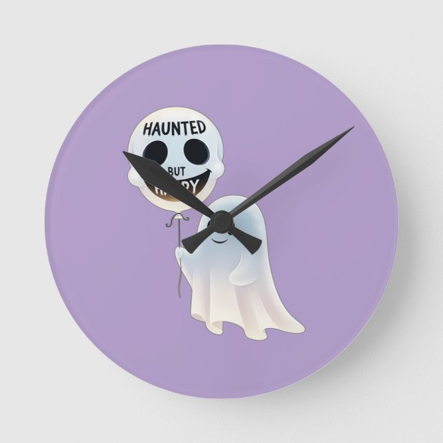Happy Kawaii Ghost with Skull Balloon Round Clock (Front)