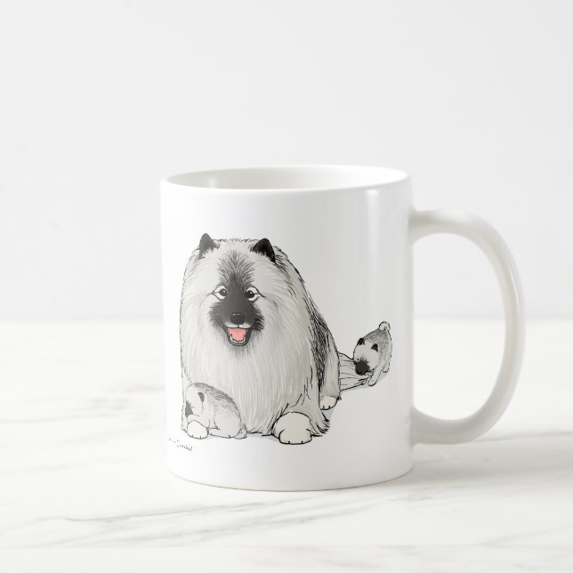 Happy Keeshond Dog with Cute Puppies Coffee Mug (Right)