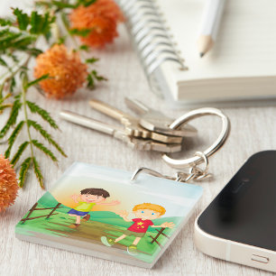 Happy Kids Playing Outdoors Keychain