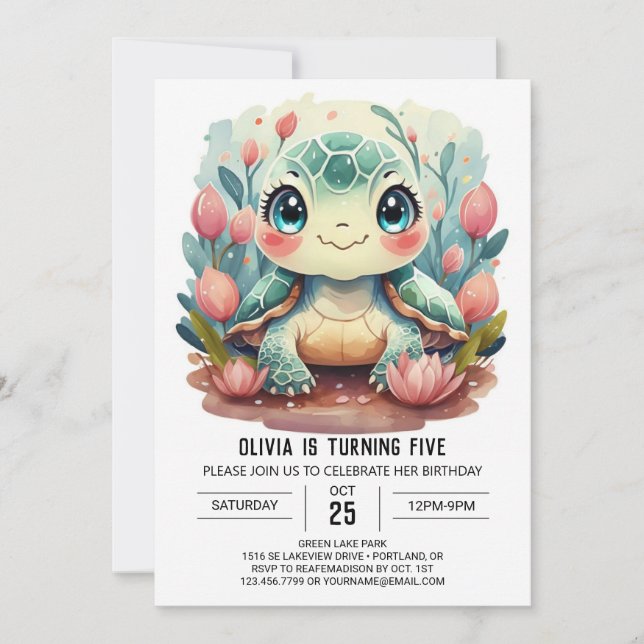 Happy Kids Turtle Girl Birthday Invitation (Front)
