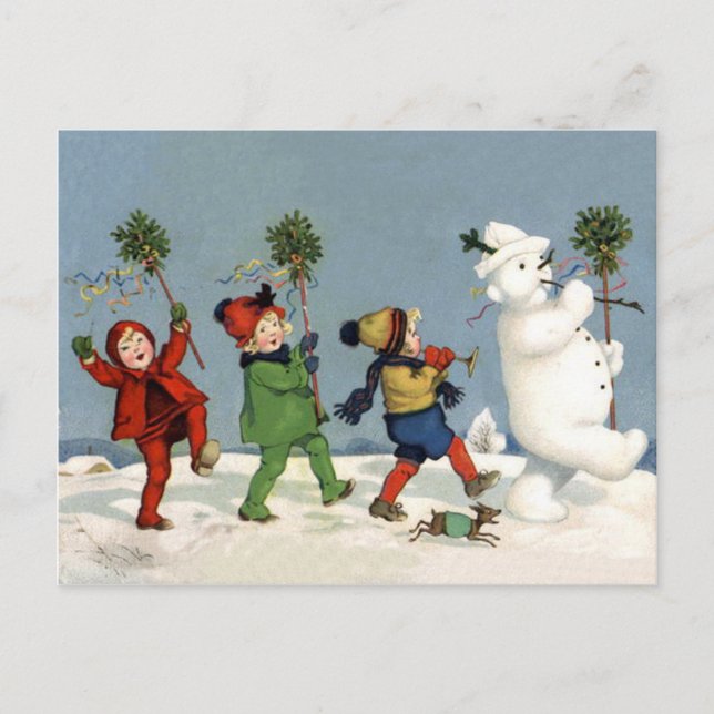 Happy kids walking with snowman, vintage holiday postcard (Front)