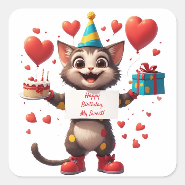Happy Kitten Birthday With Balloons 🎁 Square Sticker (Front)