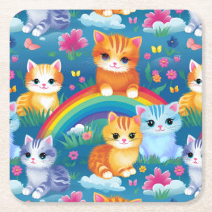 Happy Kitty Cats on Rainbow Clouds Square Paper Coaster