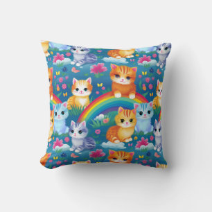 Happy Kitty Cats on Rainbow Clouds Throw Pillow