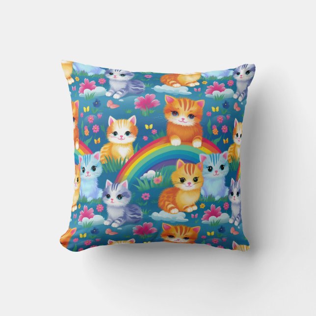 Happy Kitty Cats on Rainbow Clouds Throw Pillow (Front)