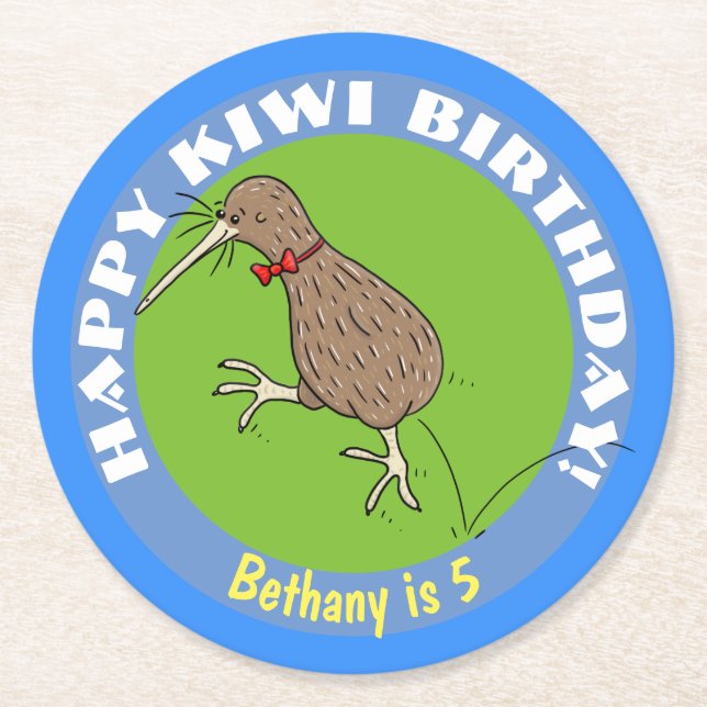 Happy kiwi cartoon bird with bow tie round paper coaster (Front)