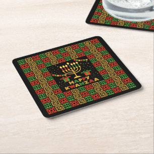 Happy Kwanzaa Candles Red Black Green Yellow  Square Paper Coaster