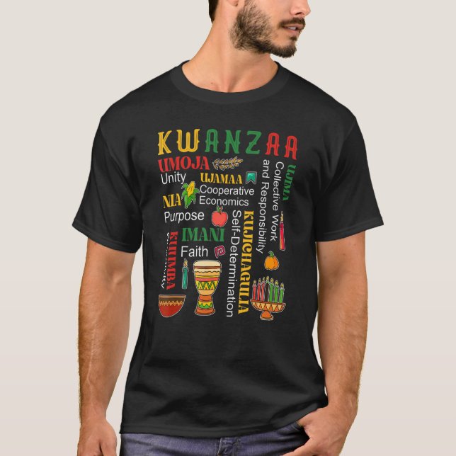 Happy Kwanzaa Drum Kinara Seven Candles Africa Cel T-Shirt (Front)