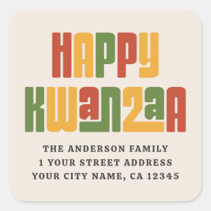 Happy Kwanzaa red green yellow text return address Square Sticker