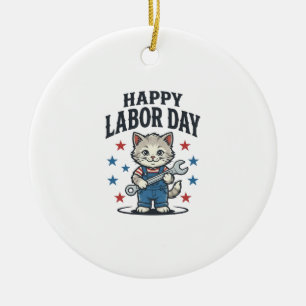 Happy Labour Day Cat Worker Patriotic Vintage Desi Ceramic Ornament