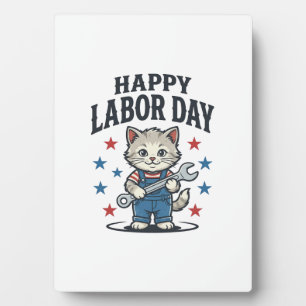 Happy Labour Day Cat Worker Patriotic Vintage Desi Plaque