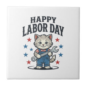 Happy Labour Day Cat Worker Patriotic Vintage Desi Tile
