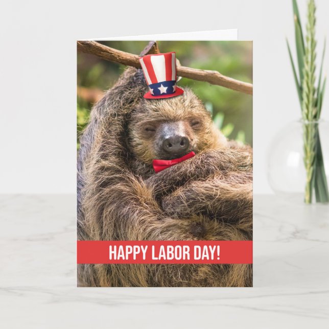 Happy Labour Day Cute Patriotic Sleeping Sloth  Holiday Card (Front)